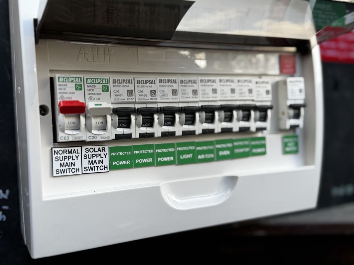 New switchboard with safety switches and solar main switch, installed by Expert Electrical Services